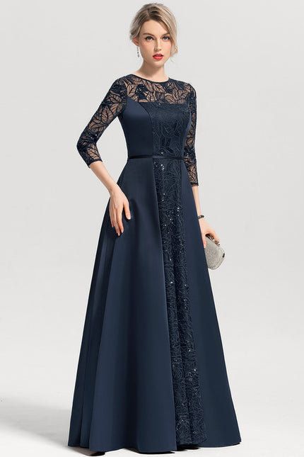 Robe Trapèze Bleue Marine Satin Dentelle Paillettes - gallery 1