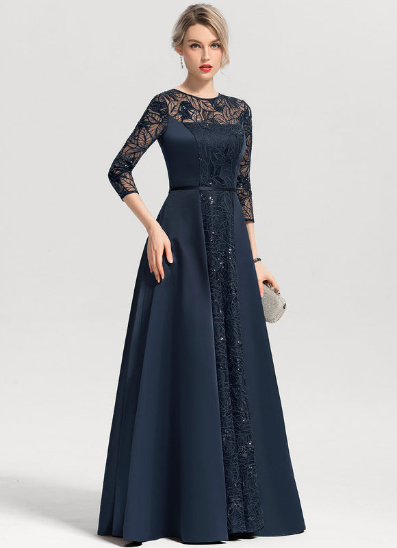 Robe Trapèze Bleue Marine Satin Dentelle Paillettes - gallery 1