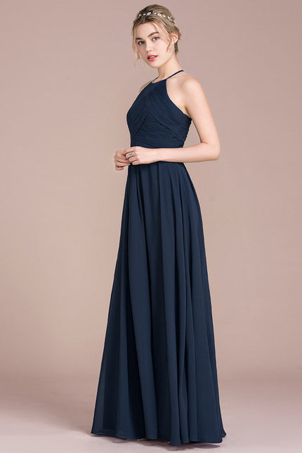 Robe Trapèze Bleu Marine Mousseline Plissée - gallery 5