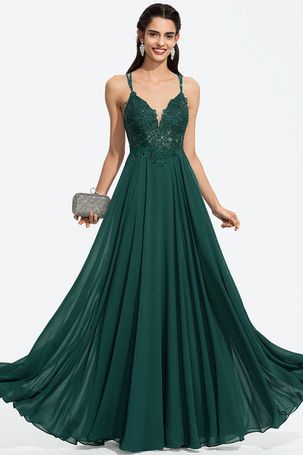 Robe Trapèze Verte En Mousseline Avec Perles Et Paillettes - gallery 2