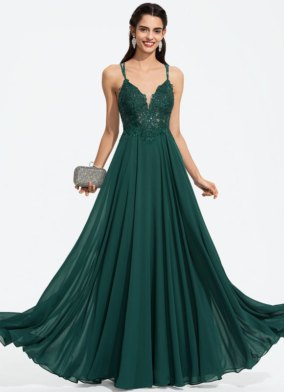 Robe Trapèze Verte En Mousseline Avec Perles Et Paillettes - gallery 2