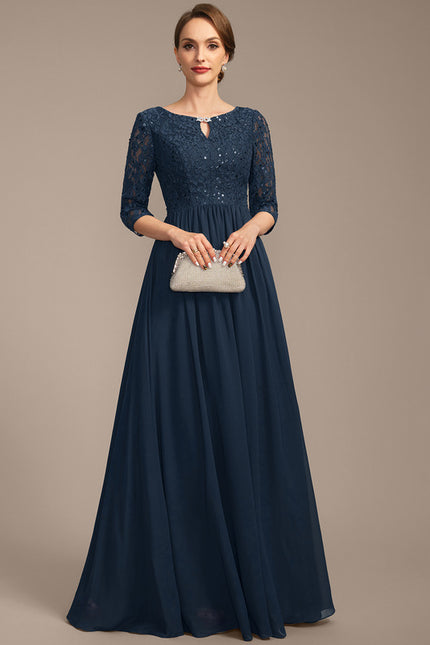 Robe Trapèze Bleu Marine Longue Dentelle Chandail Mariée