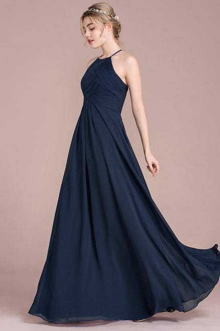 Robe Trapèze Bleu Marine Mousseline Plissée - gallery 4