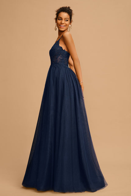 Robe Trapèze Bleu Marine Tulle Longue Strass - gallery 3