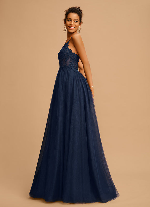 Robe Trapèze Bleu Marine Tulle Longue Strass - gallery 3