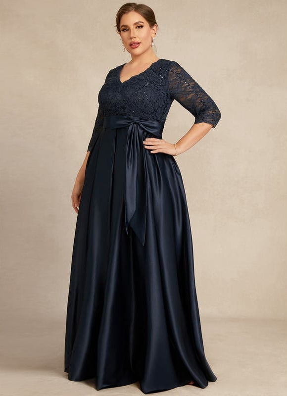 Robe Trapèze Bleu Marine En Dentelle Satiné - gallery 8