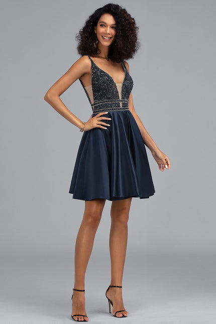 Robe Trapèze Bleu Marine Satin Perles Paillettes - gallery 3