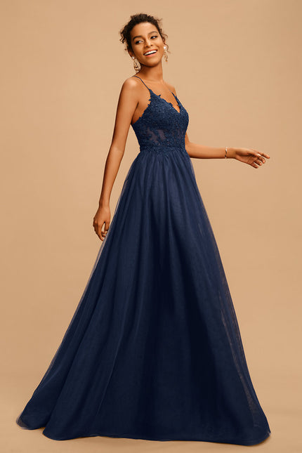 Robe Trapèze Bleu Marine Tulle Longue Strass - gallery 1