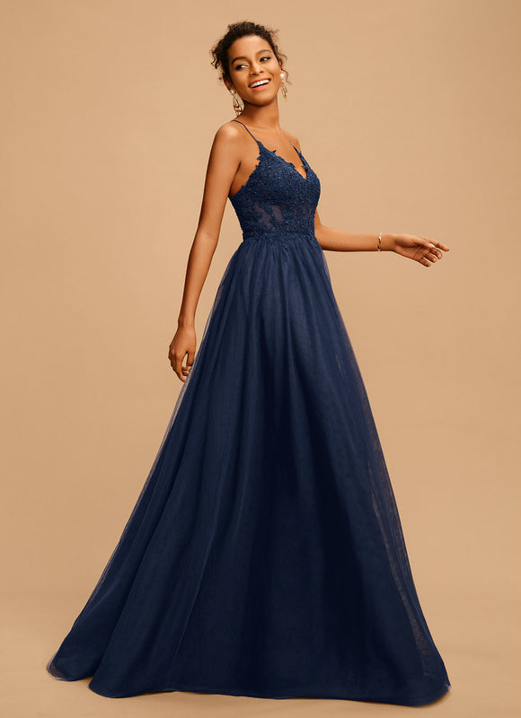 Robe Trapèze Bleu Marine Tulle Longue Strass - gallery 1