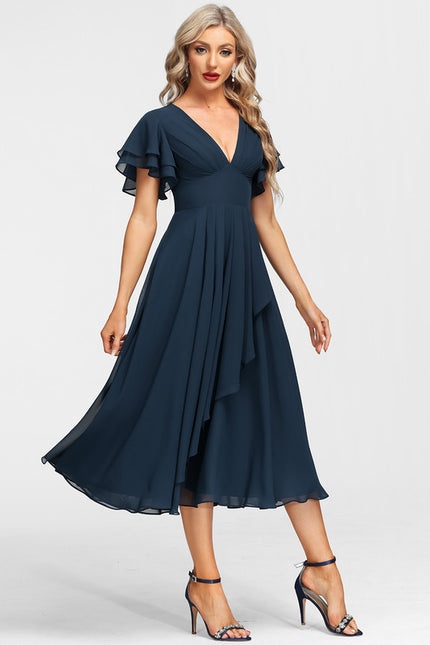 Robe Trapèze Bleu Marine Mousseline Volants - gallery 2