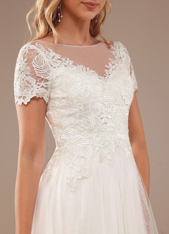 Robe Trapèze Blanche Mariage Tulle Dentelle - gallery 3