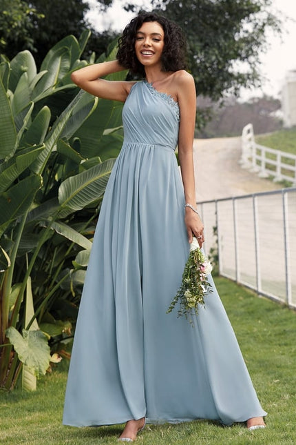 Robe Trapèze Bleu Ciel Décolletée Asymétrique - gallery 7