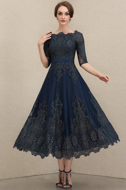 Robe Trapèze Bleue Dentelle Satin Soirée