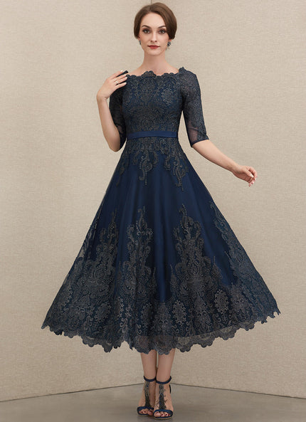 Robe Trapèze Bleue Dentelle Satin Soirée