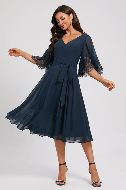 Robe Trapèze Bleue Marine Dentelle Mousseline
