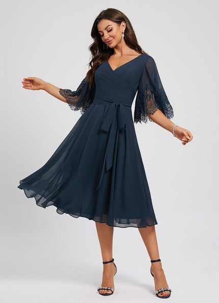 Robe Trapèze Bleue Marine Dentelle Mousseline
