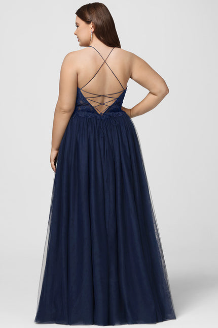 Robe Trapèze Bleu Marine Tulle Longue Strass - gallery 8