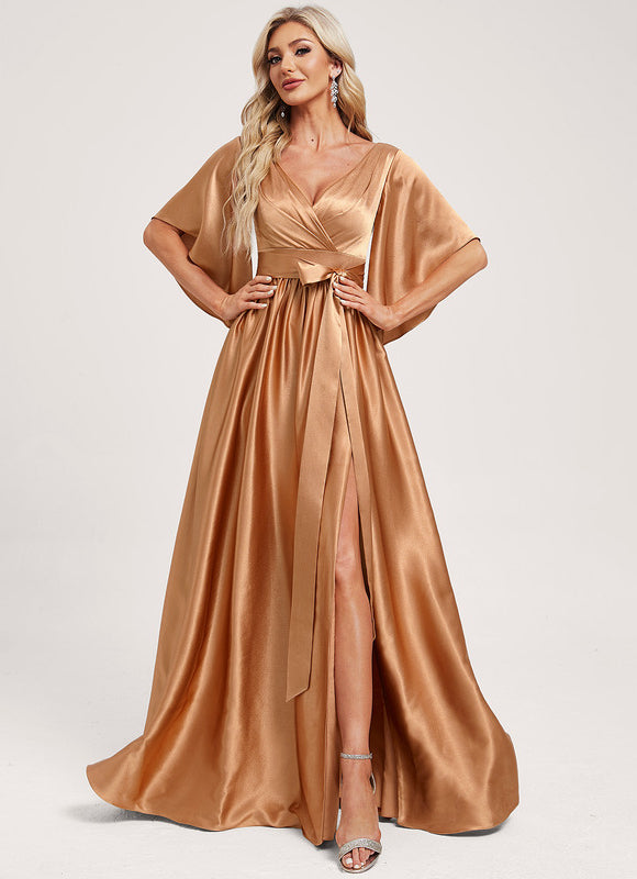 Robe Trapèze Satin Doré Élégante