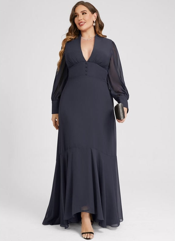 Robe Trapèze Bleue Marine Asymétrique Mousseline - gallery 8