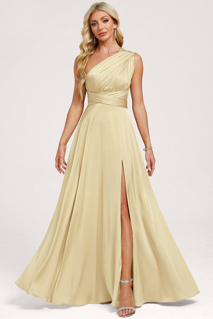 Robe Trapèze Beige Satin Décolleté Asymétrique - gallery 6