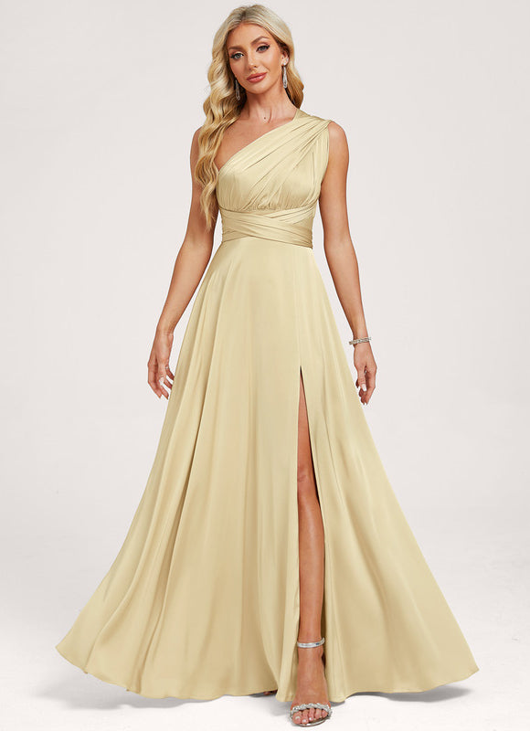 Robe Trapèze Beige Satin Décolleté Asymétrique - gallery 6
