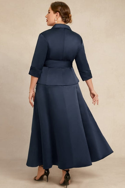 Robe Trapèze Bleu Marine Satin Longue À Nœud - gallery 8