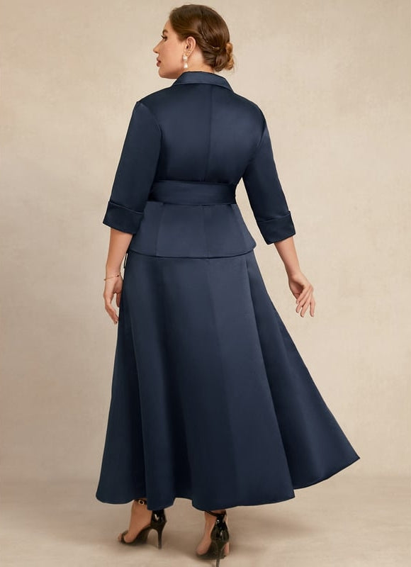 Robe Trapèze Bleu Marine Satin Longue À Nœud - gallery 8