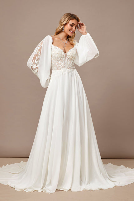 Robe Trapèze Blanche Dentelle Voile Balayage - gallery 2