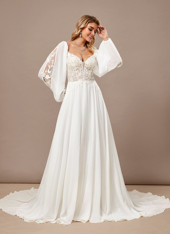 Robe Trapèze Blanche Dentelle Voile Balayage - gallery 2