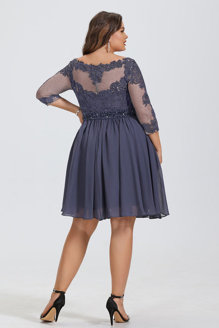 Robe Trapèze Bleue Dentelle Perles Cocktail - gallery 5
