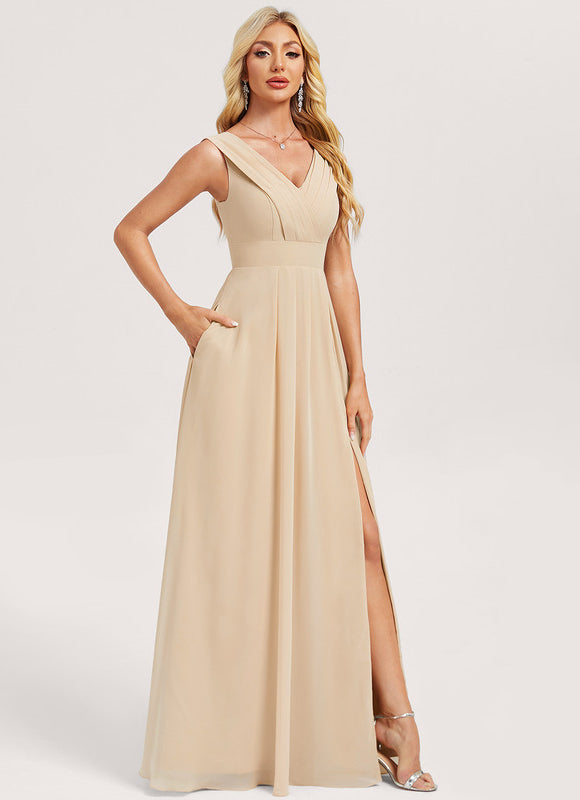 Robe Trapèze Longue Beige Élégante - gallery 2