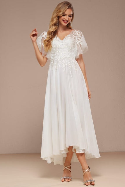 Robe Trapèze Beige Dentelle Tulle Volants Mariage - gallery 1