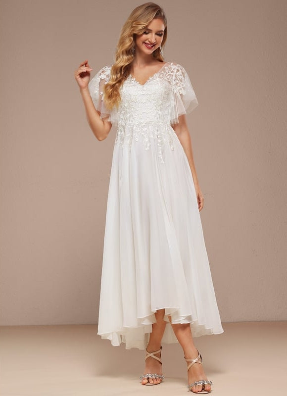 Robe Trapèze Beige Dentelle Tulle Volants Mariage - gallery 1