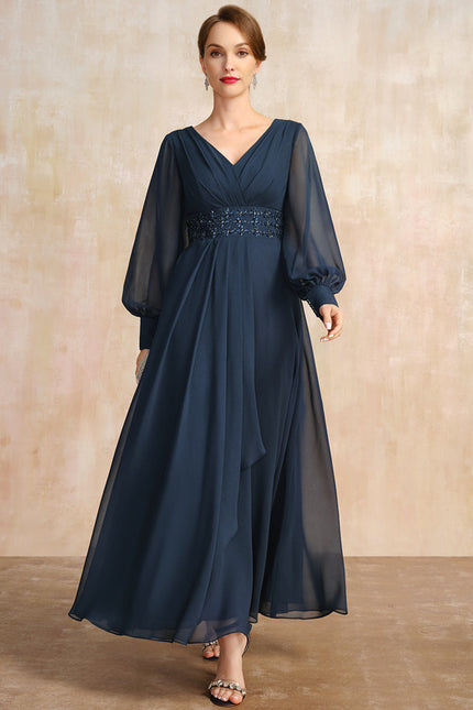 Robe Trapèze Bleu Marine Longue Mousseline Volants Perles Paillettes
