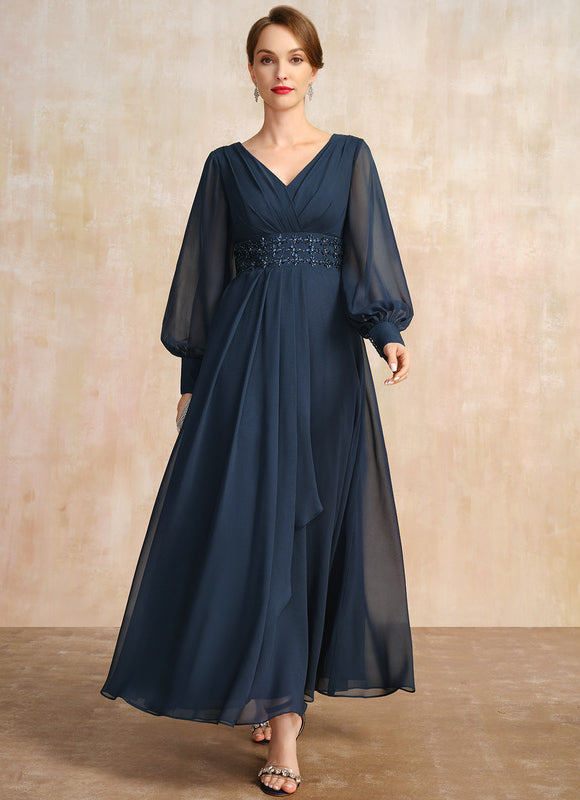 Robe Trapèze Bleu Marine Longue Mousseline Volants Perles Paillettes