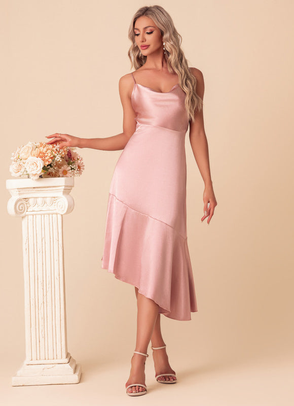 Robe Trapèze Rose Pastel Satin Mi-Longue - gallery 1