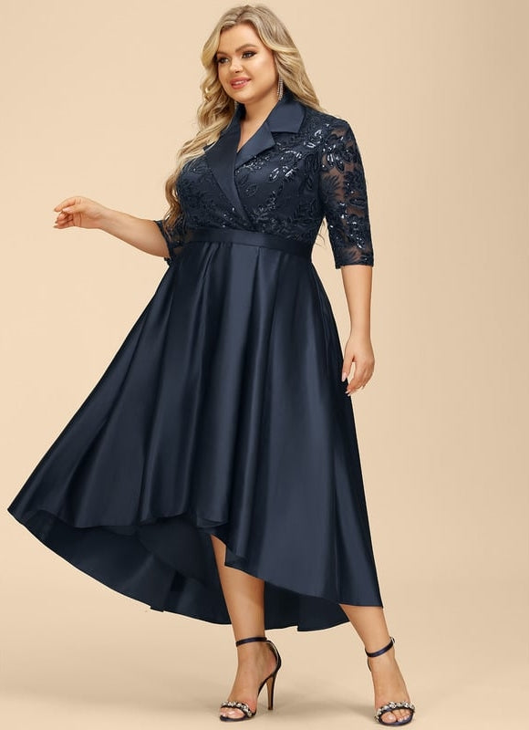 Robe Trapèze Bleue Satin Dentelle Paillettes - gallery 9