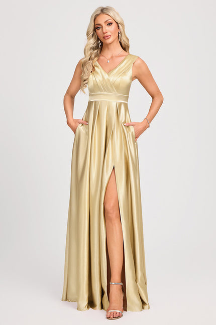 Robe Trapèze Satin Doré Élégante - gallery 2