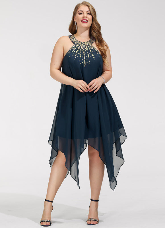 Robe Trapèze Bleue Navy Perlée Asymétrique - gallery 8