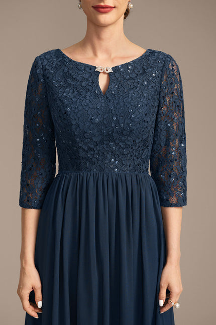 Robe Trapèze Bleu Marine Longue Dentelle Chandail Mariée - gallery 6