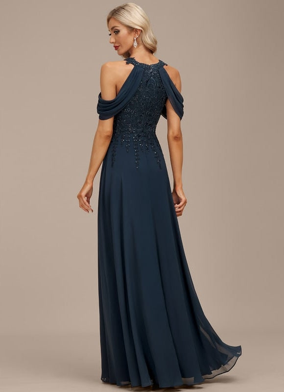 Robe Trapèze Bleu Marine Soiréeà Paillettes - gallery 4
