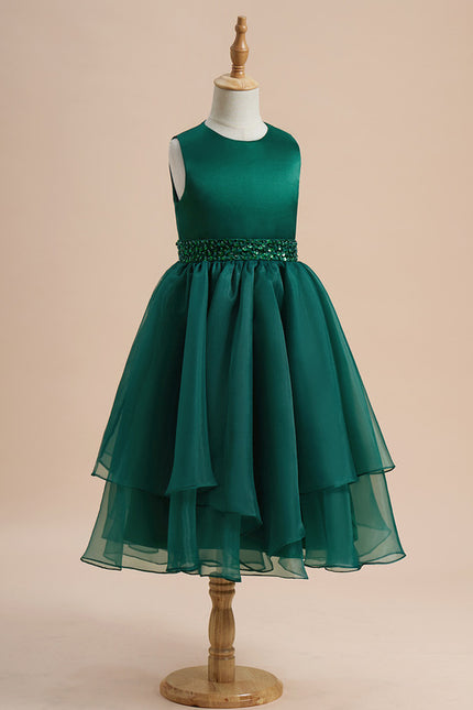 Robe Trapèze Vert Émeraude Mousseline Et Satin - gallery 1