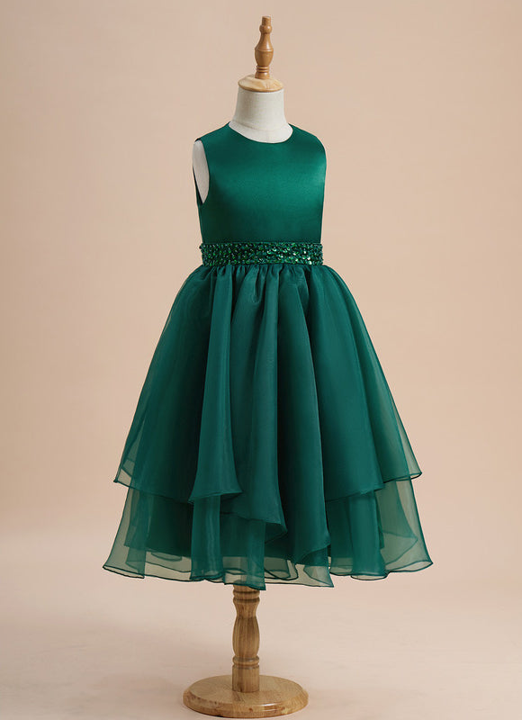 Robe Trapèze Vert Émeraude Mousseline Et Satin - gallery 1
