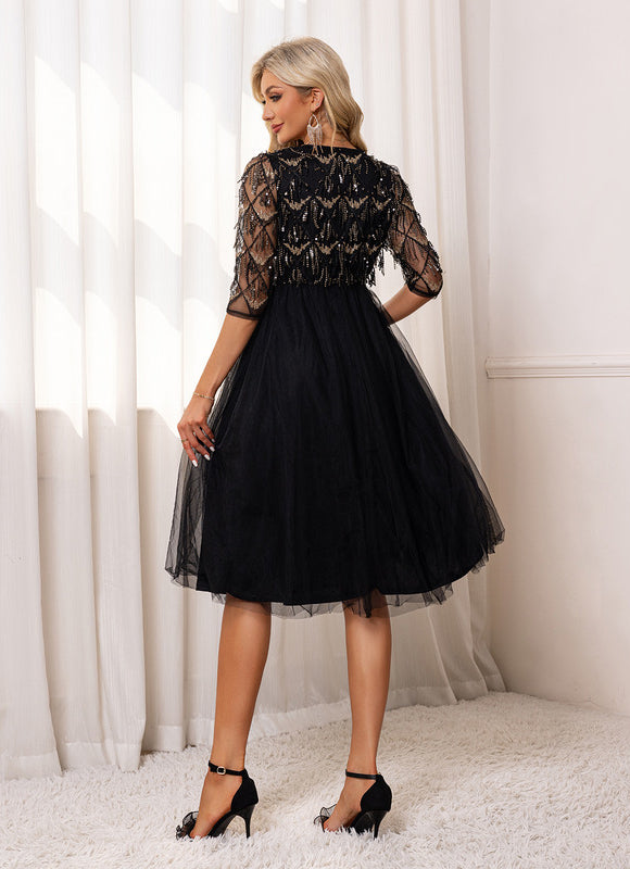 Robe Trapèze Noir Pailleté Élégant - gallery 1