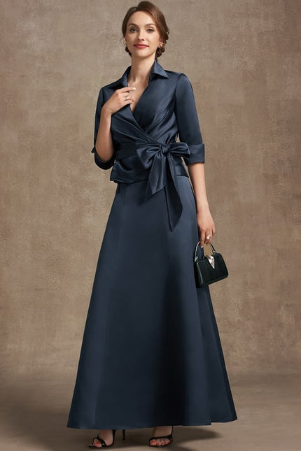 Robe Trapèze Bleu Marine Satin Longue À Nœud - gallery 3