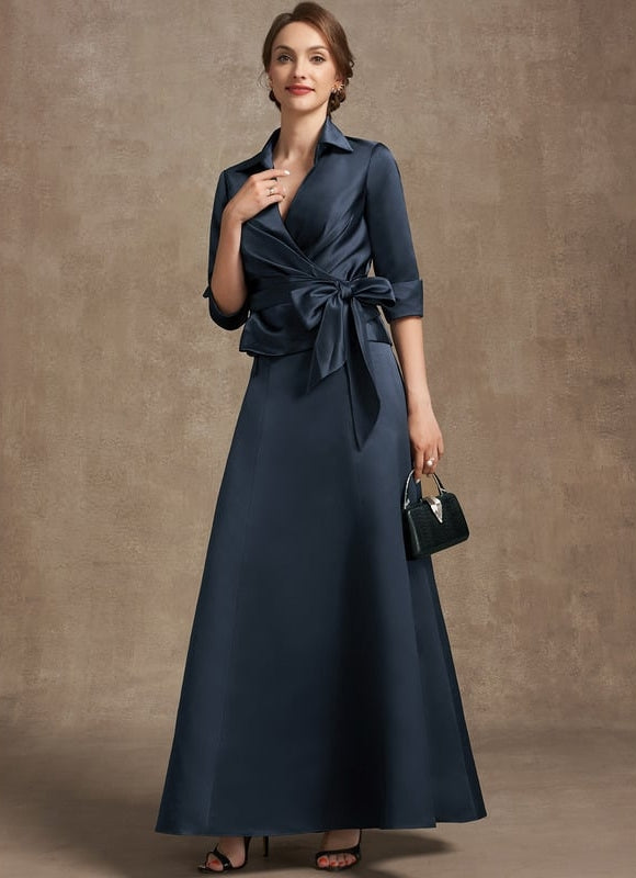 Robe Trapèze Bleu Marine Satin Longue À Nœud - gallery 3