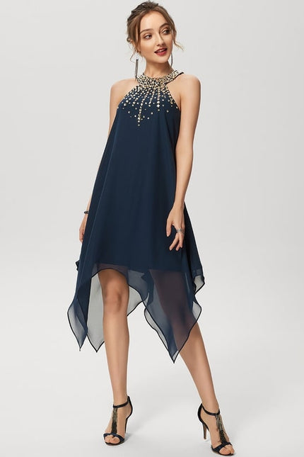 Robe Trapèze Bleue Navy Perlée Asymétrique - gallery 2