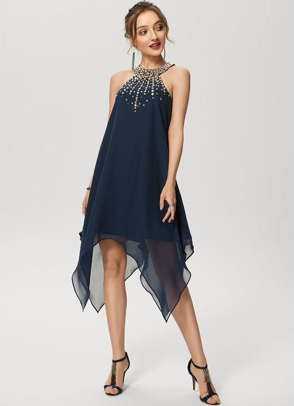 Robe Trapèze Bleue Navy Perlée Asymétrique - gallery 2