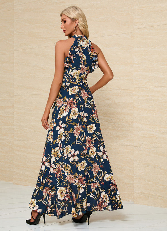 Robe Trapèze Fleurie Marine Maxi - gallery 1