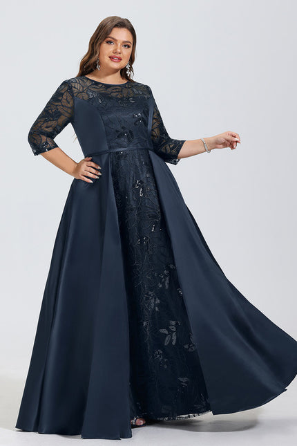 Robe Trapèze Bleue Marine Satin Dentelle Paillettes - gallery 8